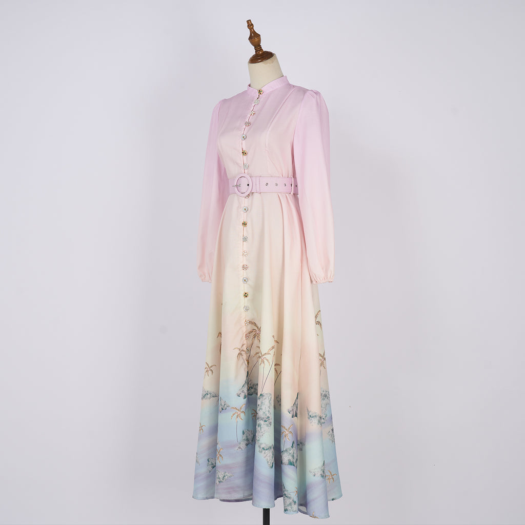Women's Printed Long A Line With Stand Collar Dress
