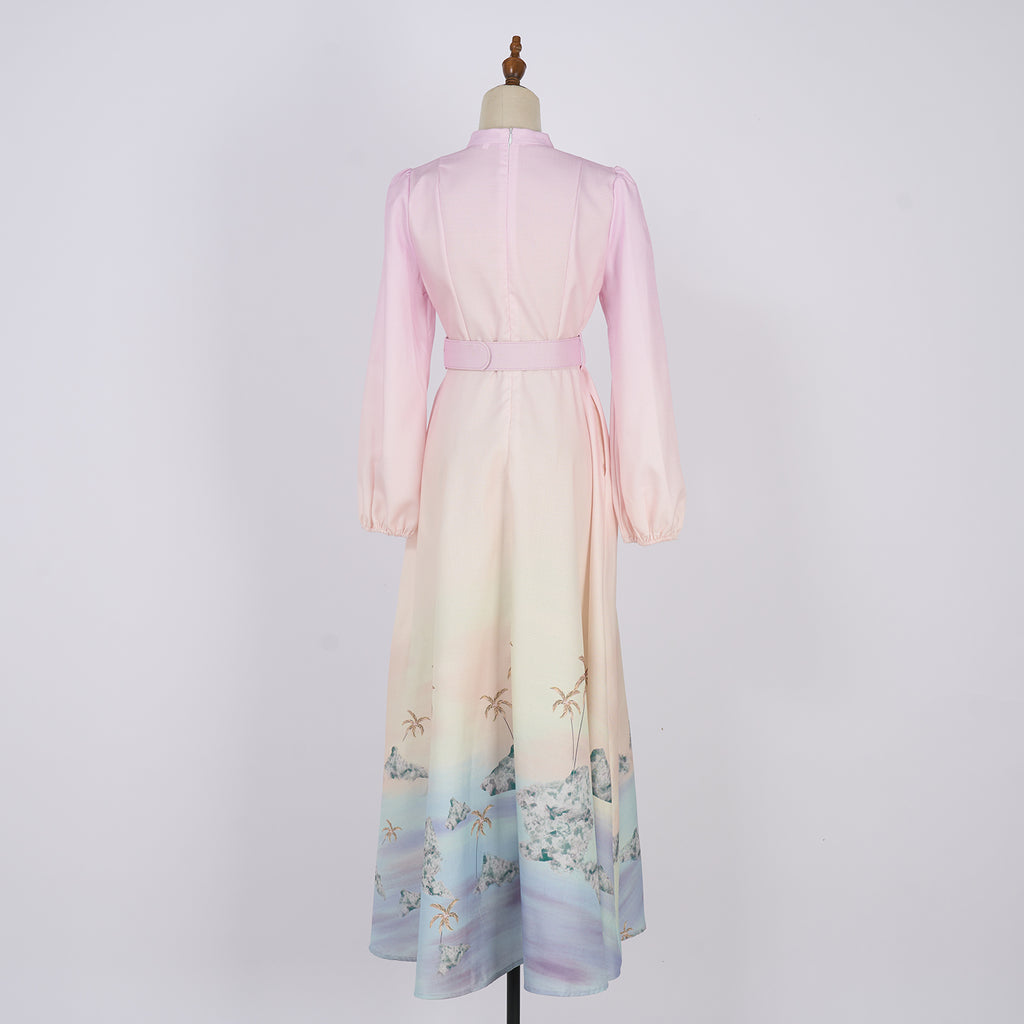 Women's Printed Long A Line With Stand Collar Dress
