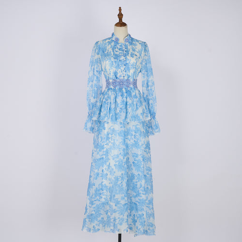 Women's Spring Autumn Printed Single Button Stand Up Dress