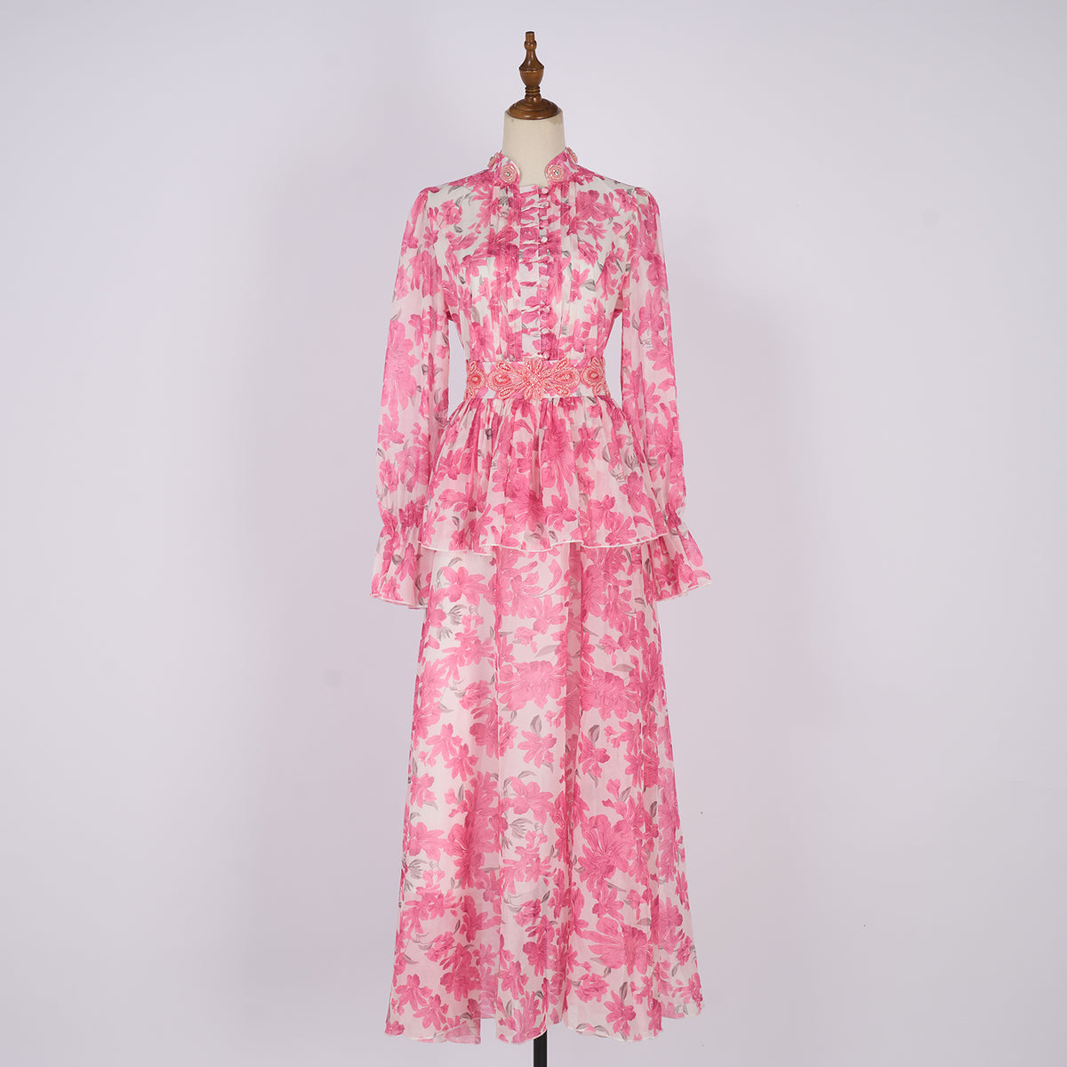 Women's Spring Autumn Printed Single Button Stand Up Dress