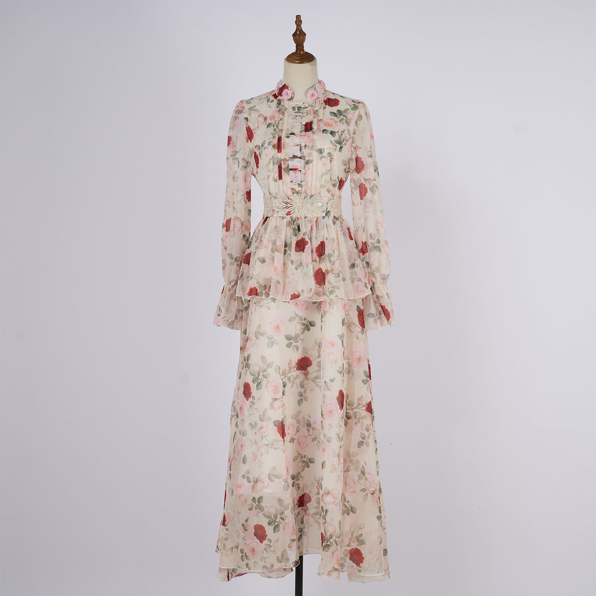 Women's Spring Autumn Printed Single Button Stand Up Dress