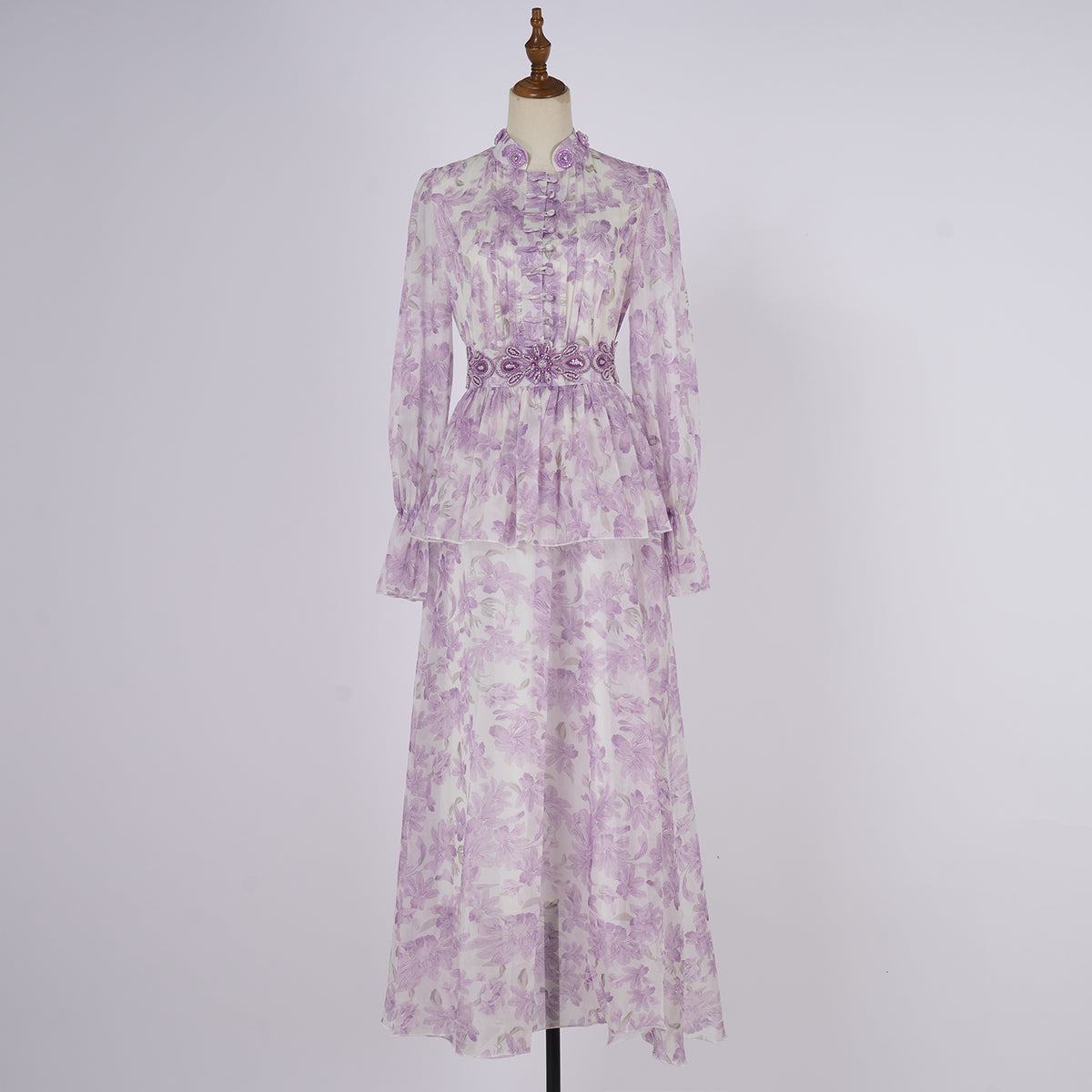 Women's Spring Autumn Printed Single Button Stand Up Dress