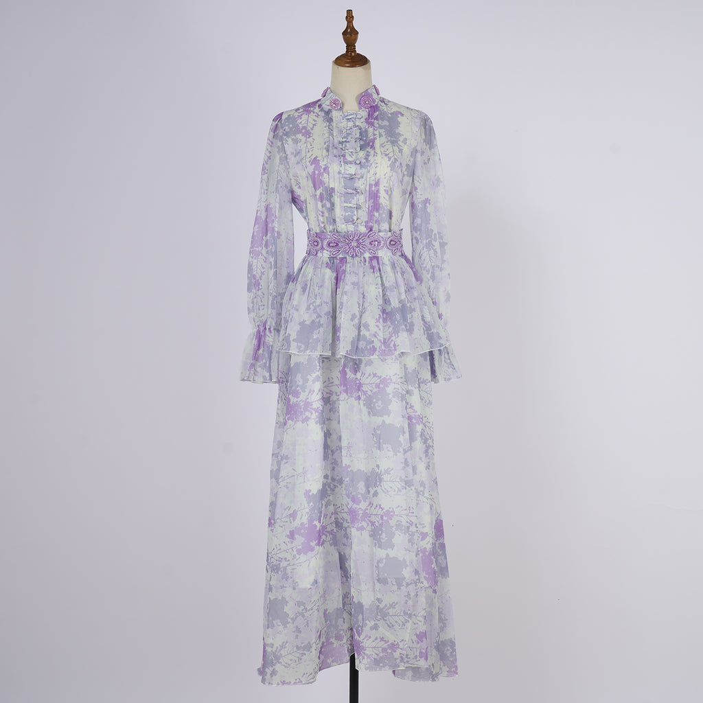 Women's Spring Autumn Printed Single Button Stand Up Dress