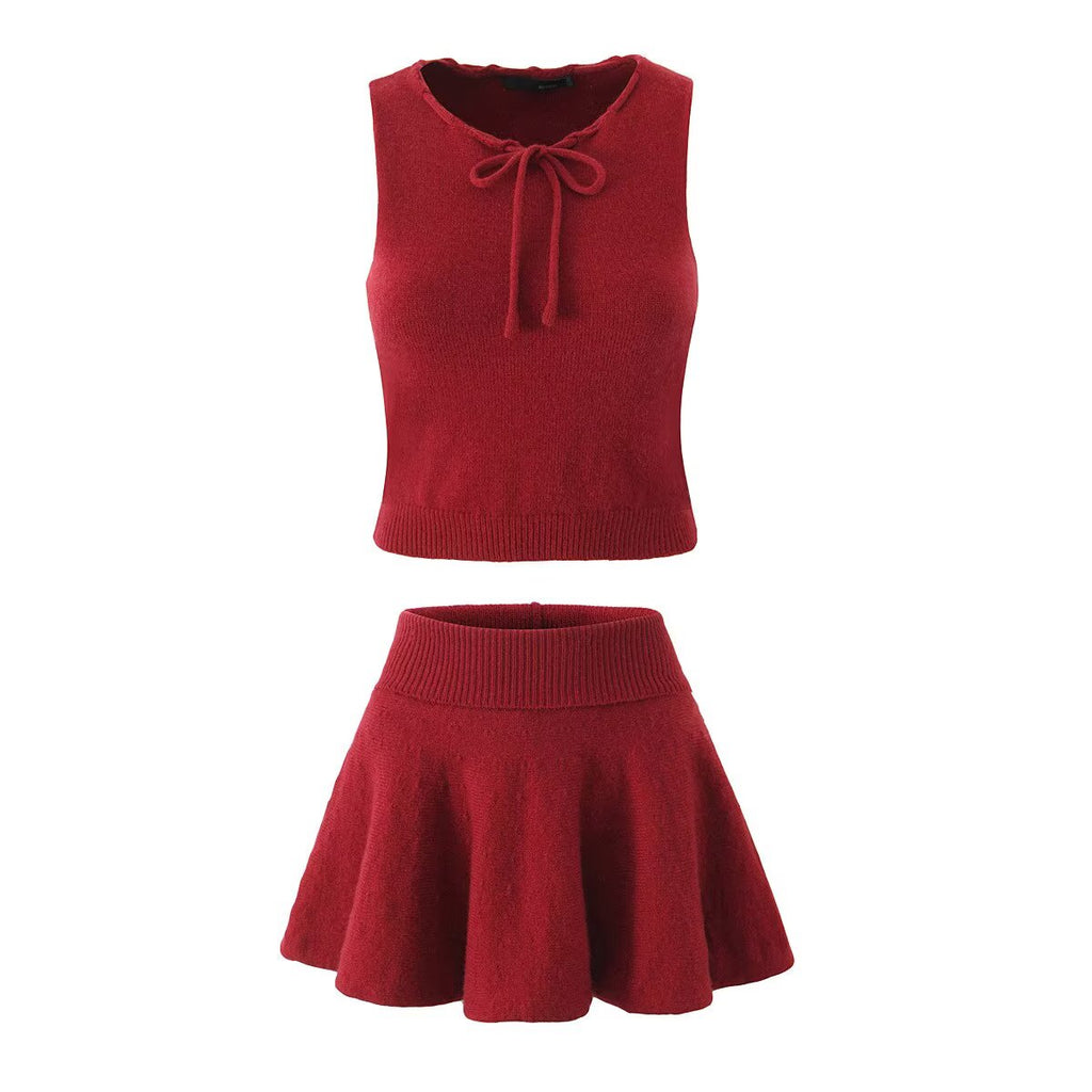Women's Summer Bow Knitted Sweater and Skirt Two-Piece Set