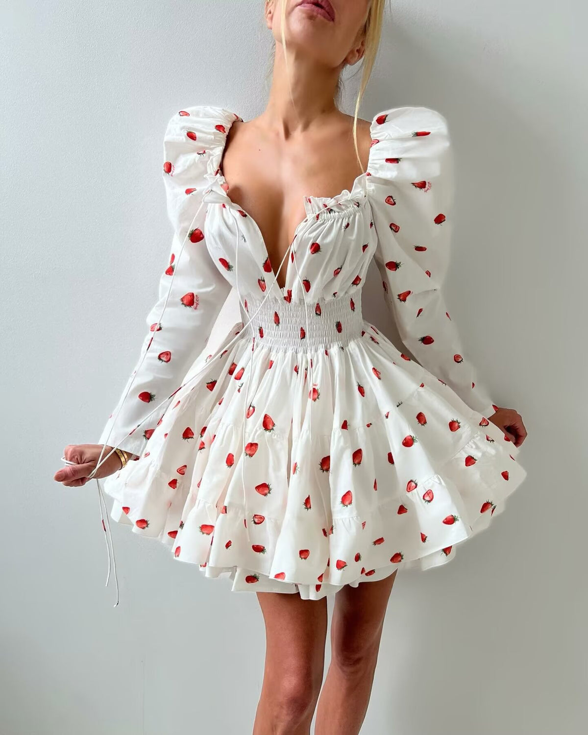 Strawberry-Print Puff-Sleeve Dress