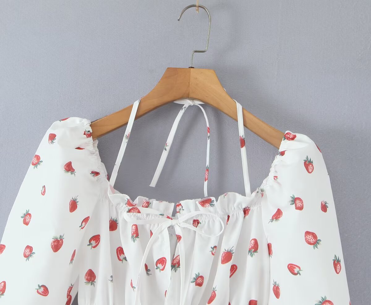 Strawberry-Print Puff-Sleeve Dress