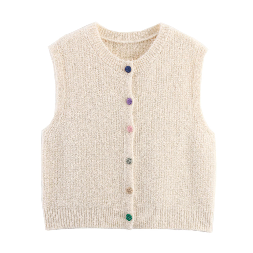 Women Clothing Color Button round Neck Cardigan Knitted Vest