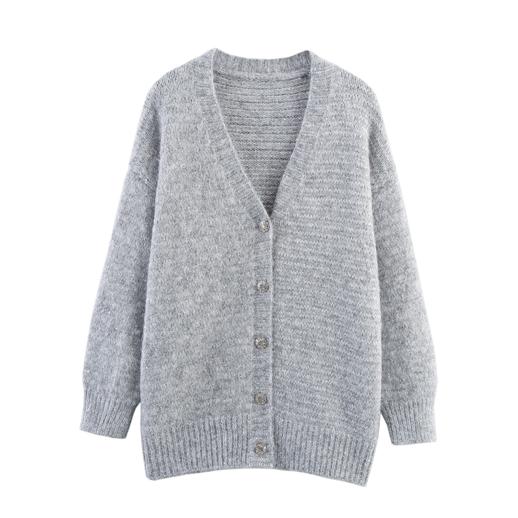 Women's Simple Sequined V-Neck Cardigan Long-Sleeve