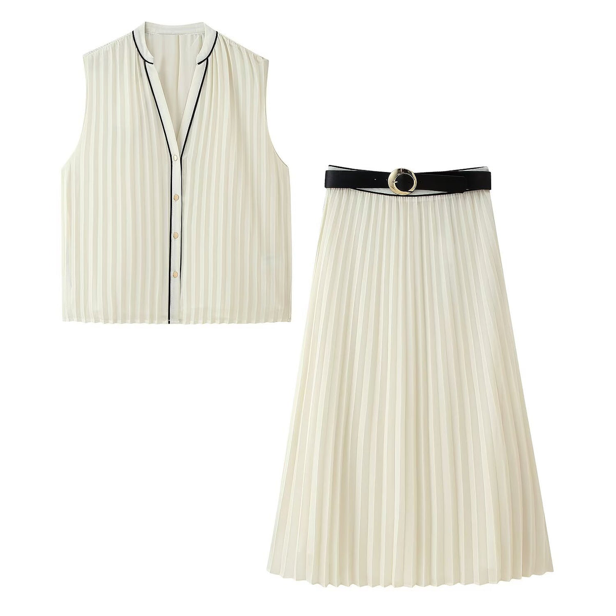 Women's Contrast Color Trim Pleated Shirt Waistband Pleated Midi Skirt Sets
