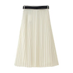 Women's Contrast Color Trim Pleated Shirt Waistband Pleated Midi Skirt Sets