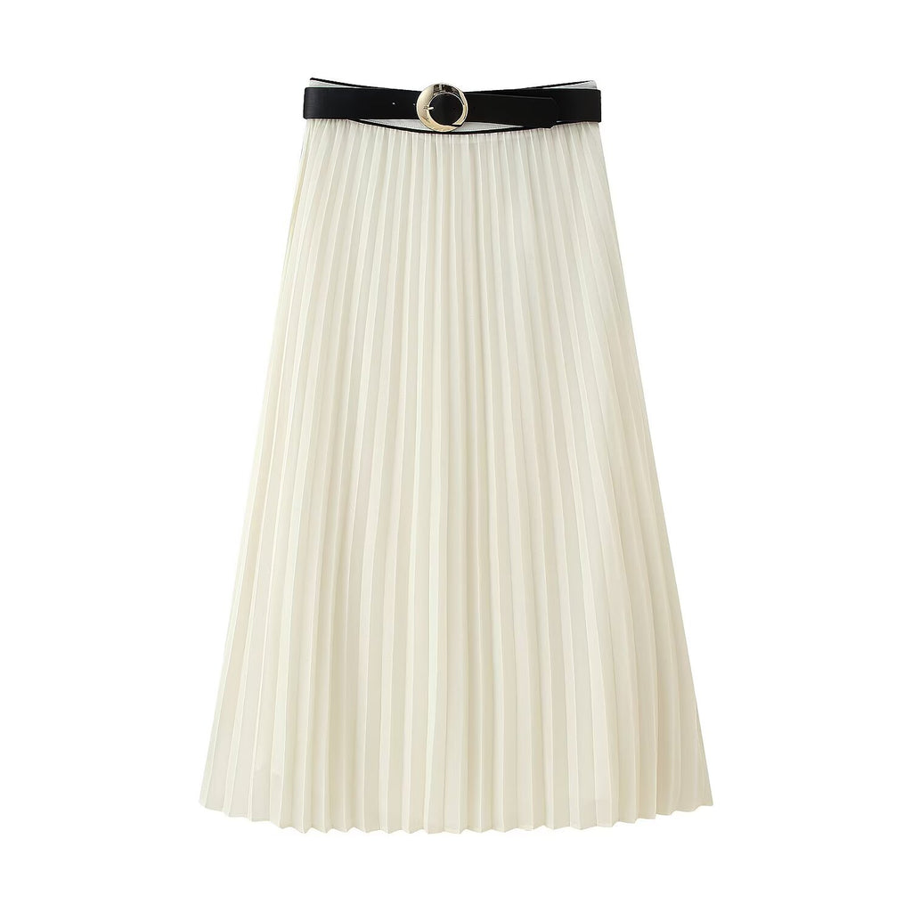 Women's Contrast Color Trim Pleated Shirt Waistband Pleated Midi Skirt Sets