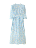 Printed Puff-Sleeve Pearl-Button Dress