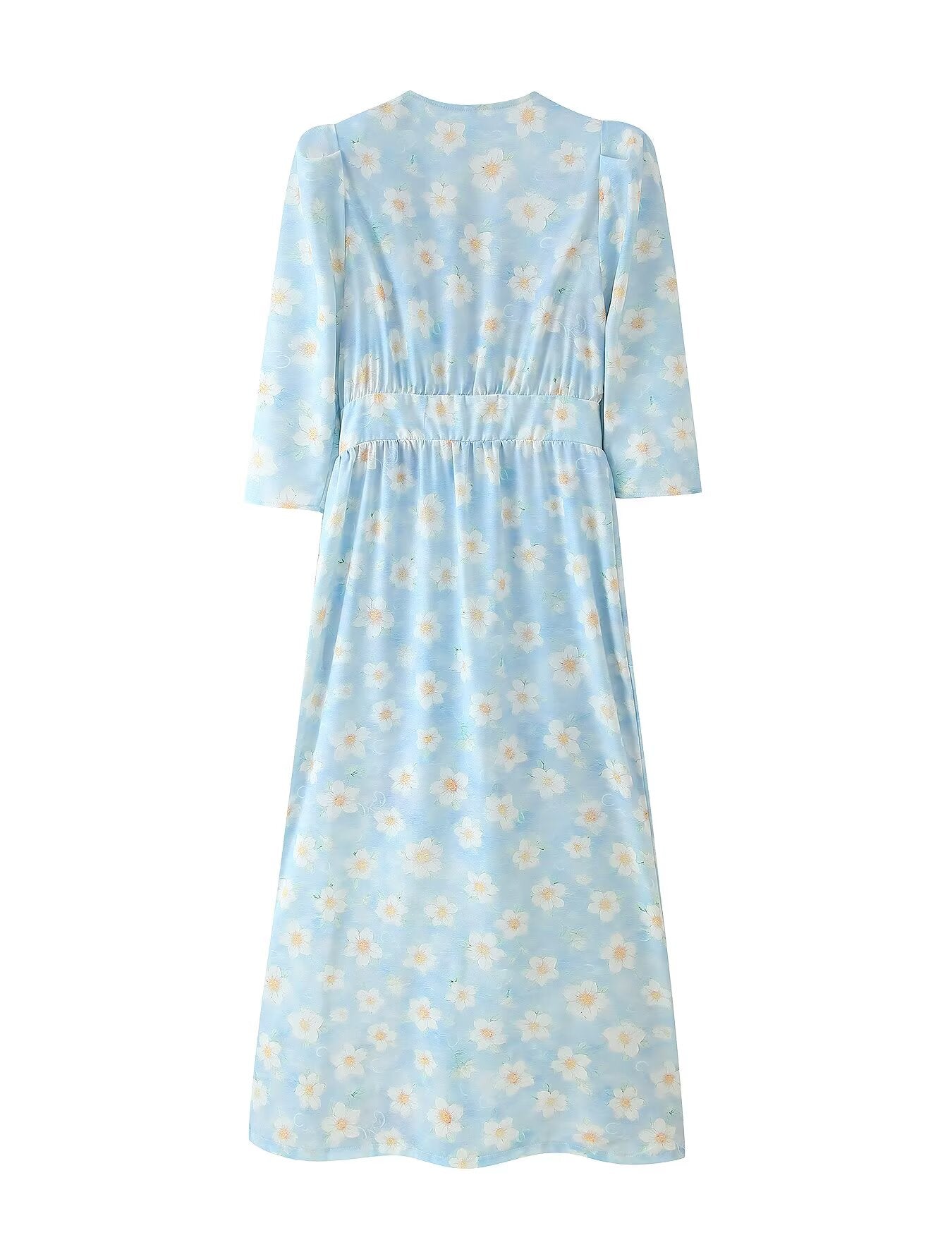Printed Puff-Sleeve Pearl-Button Dress
