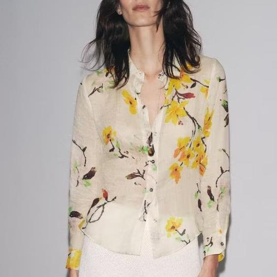 Women's Long Sleeve Loose Ramie Floral Shirt