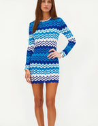 Autumn Winter Wave round Neck Multicolor Knitted Hollow Out Dress