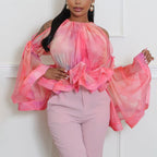 Women's Cold Shoulder Mesh Printed Bell Sleeve Top