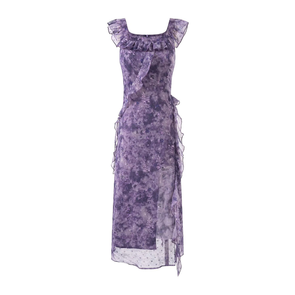 Women's Floral Mesh Ruffled Bodycon Midi Dress