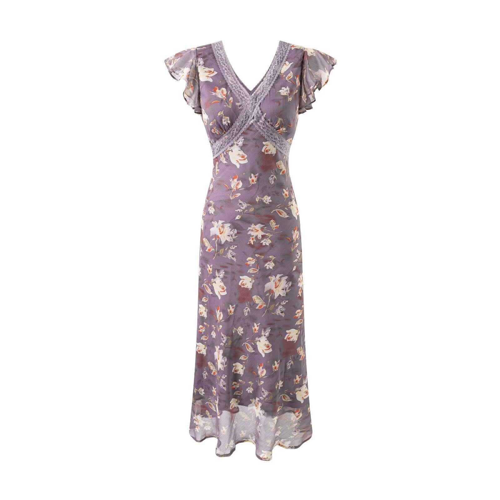 Women's Floral Lace Flutter Sleeve Vacation Midi Dress