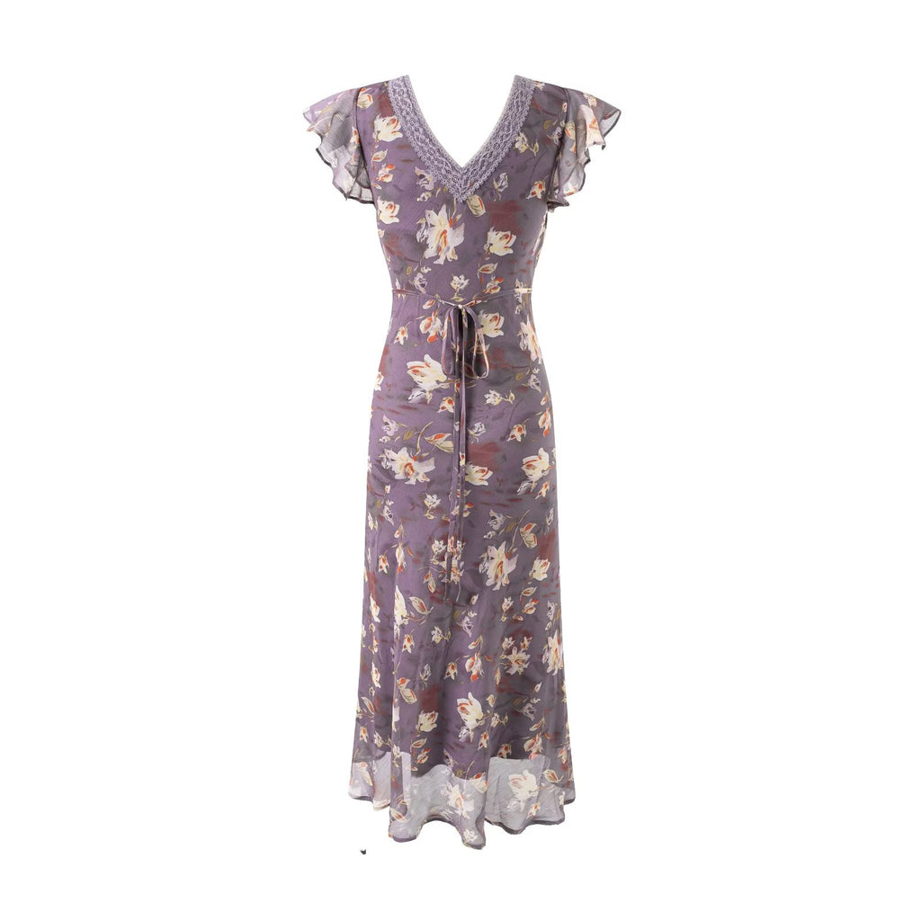 Women's Floral Lace Flutter Sleeve Vacation Midi Dress