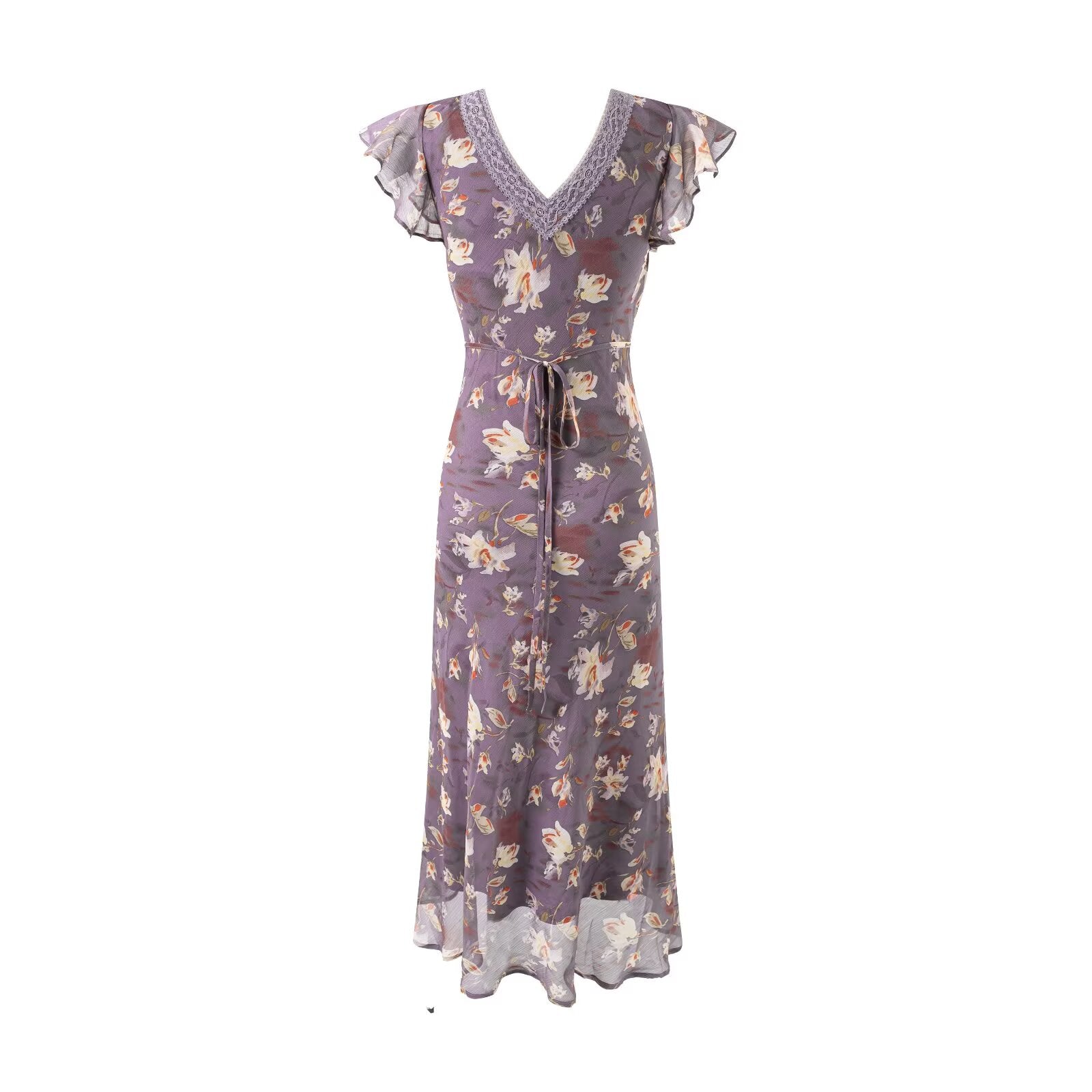 Women's Floral Lace Flutter Sleeve Vacation Midi Dress
