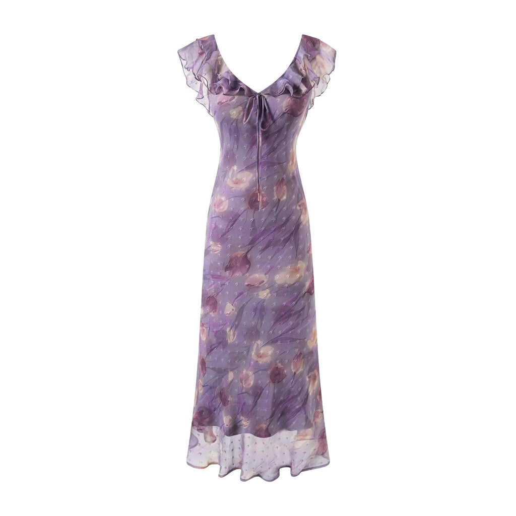 Women's V-Neck Floral Ruffle Midi Vacation Dress