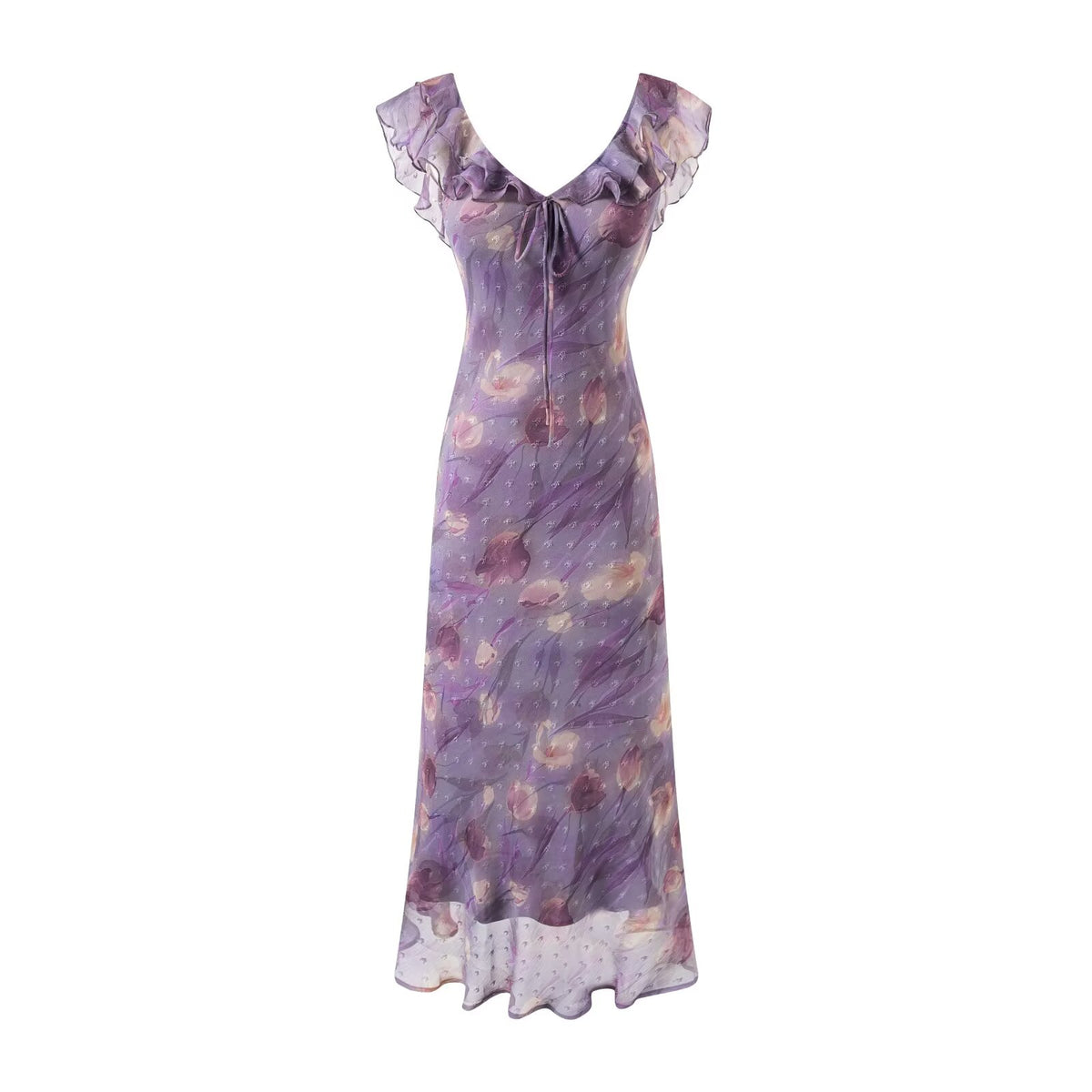 Women's V-Neck Floral Ruffle Midi Vacation Dress