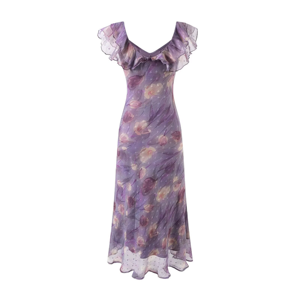 Women's V-Neck Floral Ruffle Midi Vacation Dress
