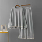 Color Blocked Slit Long-Sleeve Knit Top Paired With High-Waisted Wide Leg Pants Two-Piece Set