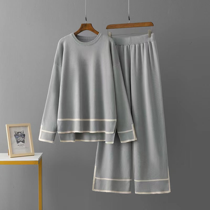 Color Blocked Slit Long-Sleeve Knit Top Paired With High-Waisted Wide Leg Pants Two-Piece Set