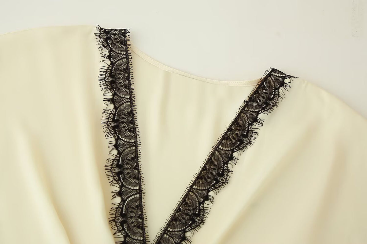 Women's Contrast Color Lace Silk Satin Texture Dress