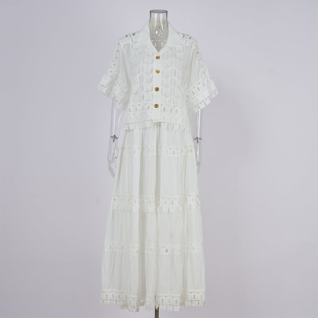 Women's Summer Collarless Embroidered Lace Shirt and Skirt Two-Piece Set