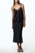 Women's Lace Satin Midi Top and Skirt Two-Piece Set