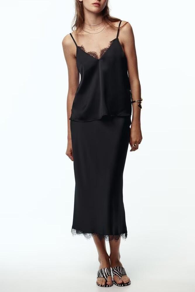 Women's Lace Satin Midi Top and Skirt Two-Piece Set