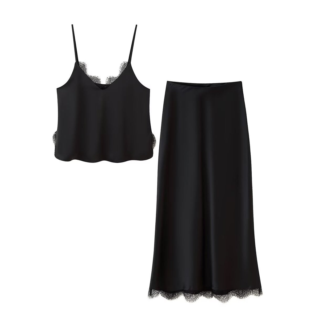 Women's Lace Satin Midi Top and Skirt Two-Piece Set