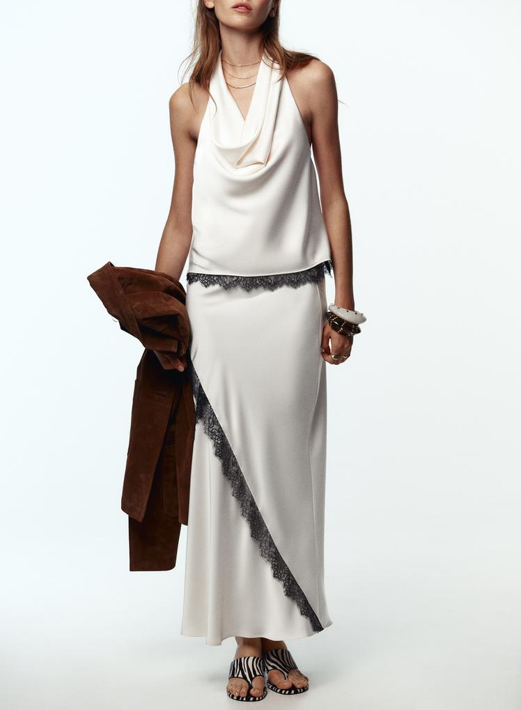 Women's Cowl-Neck Satin Lace Two-Piece Skirt Set