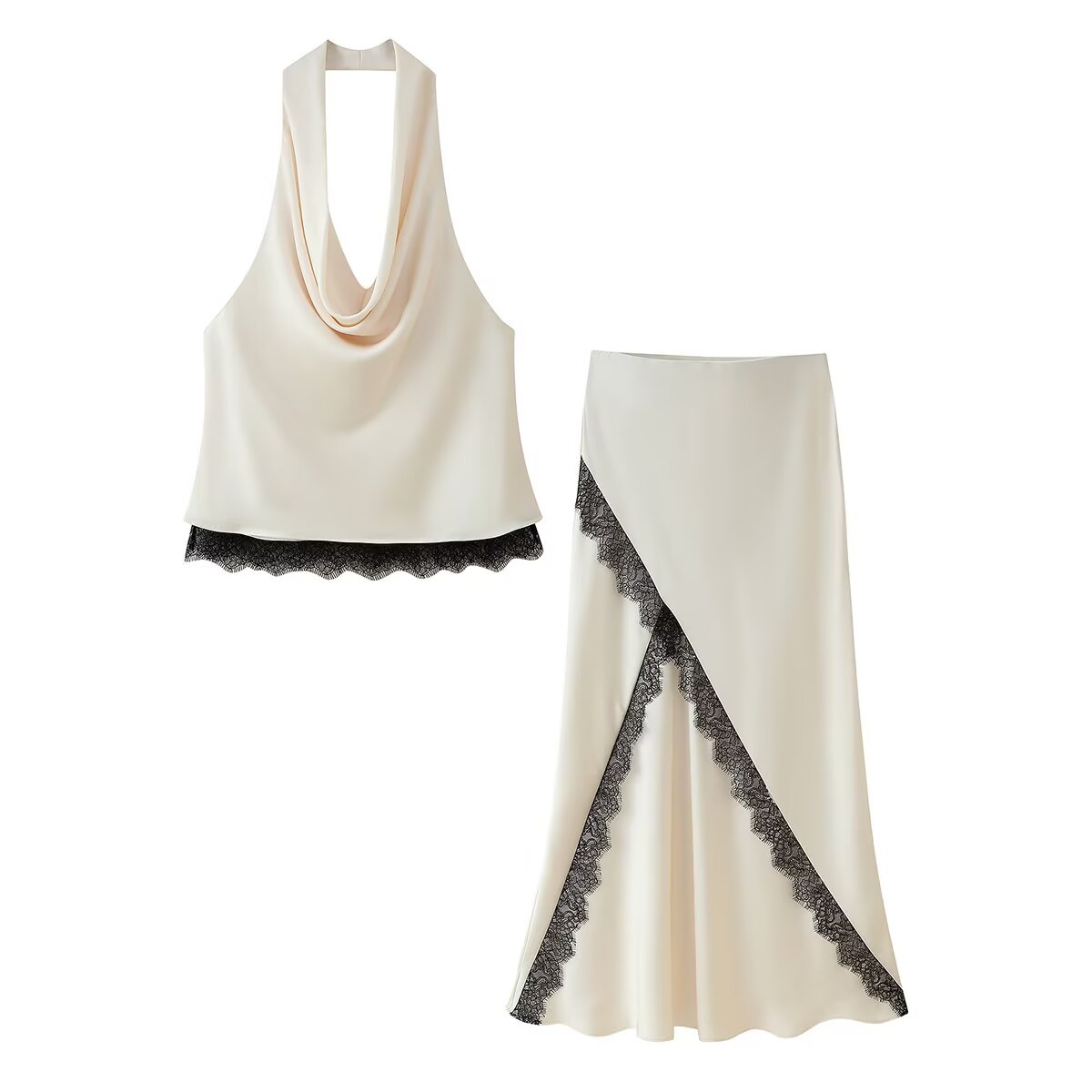 Women's Cowl-Neck Satin Lace Two-Piece Skirt Set