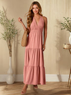V-Neck Halter Lace-Up Sleeveless Dress Solid Color