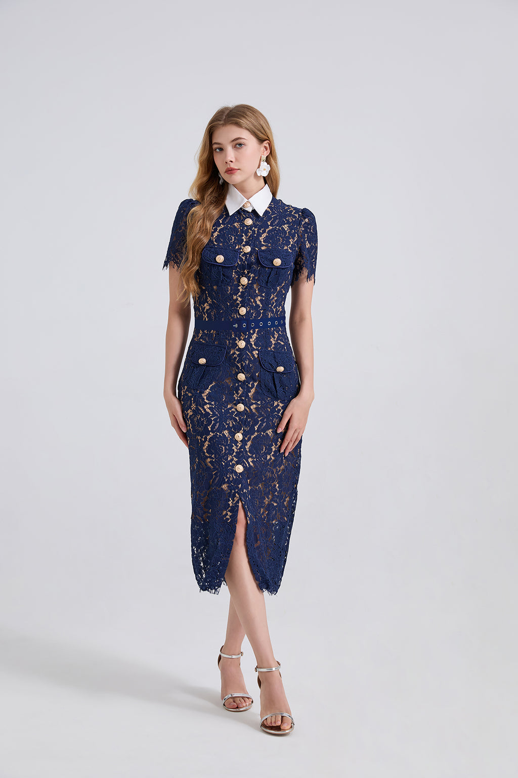 Women's Collared Lace Short-Sleeve Midi Dress