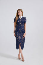 Women's Collared Lace Short-Sleeve Midi Dress