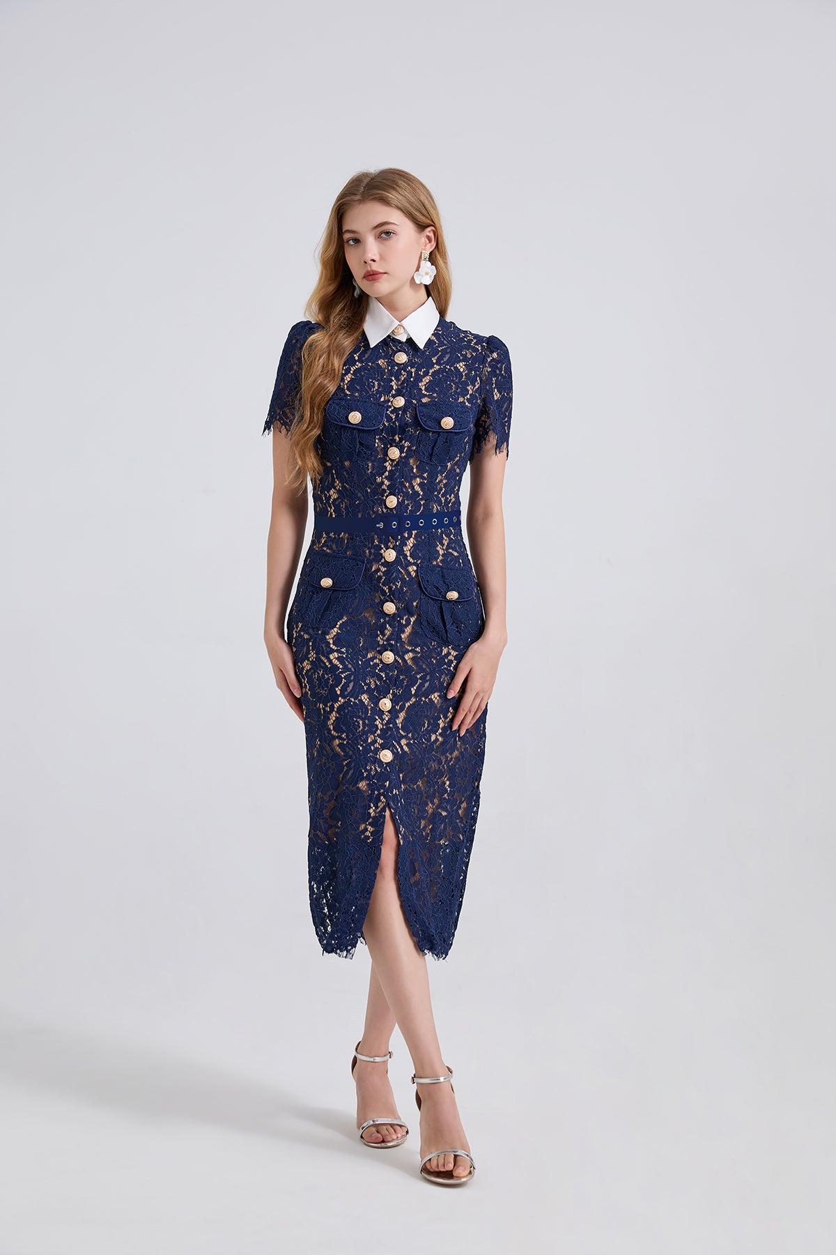 Women's Collared Lace Short-Sleeve Midi Dress