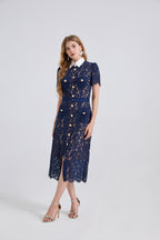 Women's Collared Lace Short-Sleeve Midi Dress