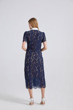 Women's Collared Lace Short-Sleeve Midi Dress
