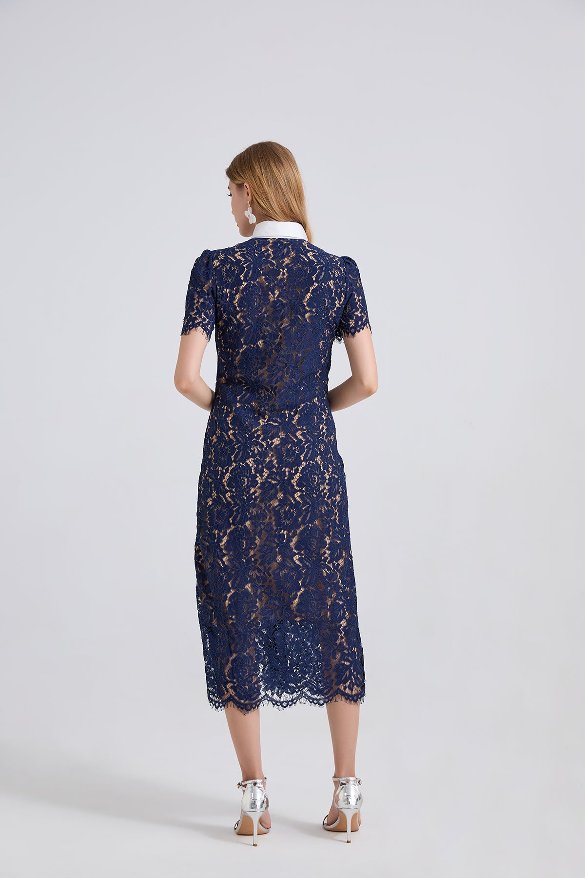 Women's Collared Lace Short-Sleeve Midi Dress