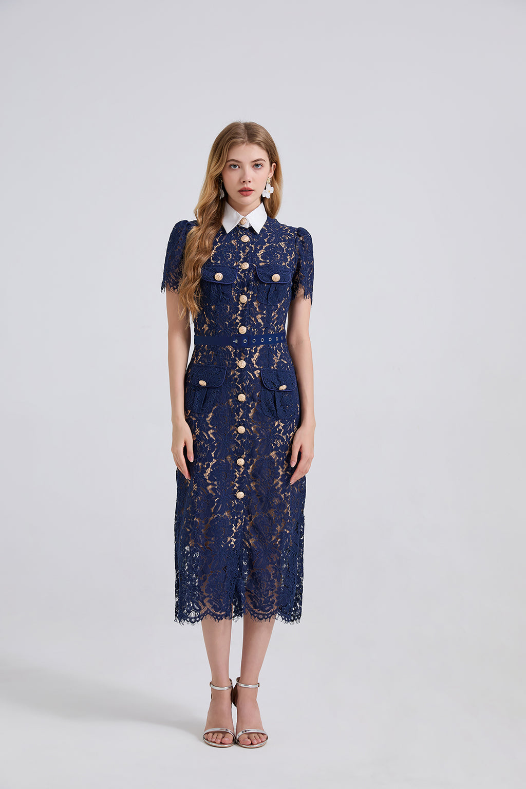 Women's Collared Lace Short-Sleeve Midi Dress