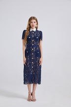 Women's Collared Lace Short-Sleeve Midi Dress