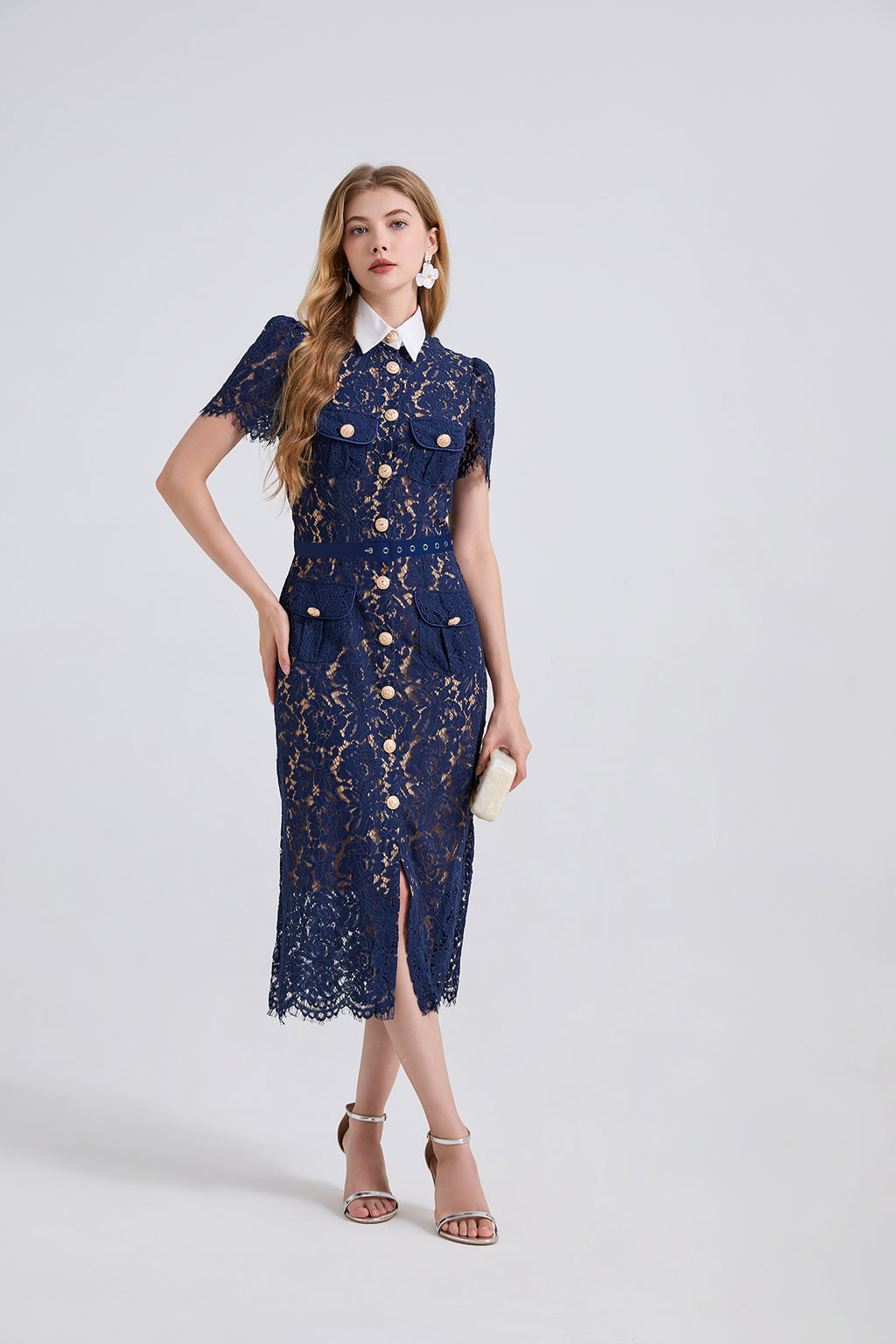 Women's Collared Lace Short-Sleeve Midi Dress