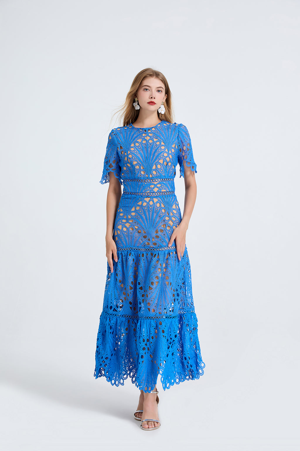 Embroidered Crew-Neck Short-Sleeve A-Line Maxi Dress