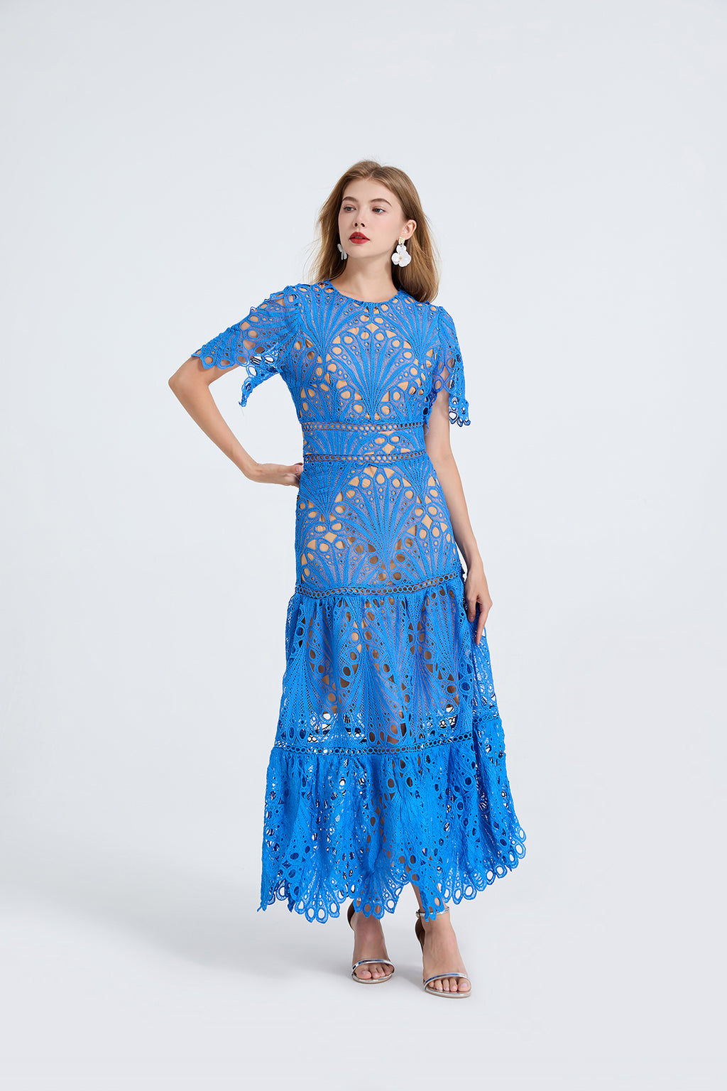 Embroidered Crew-Neck Short-Sleeve A-Line Maxi Dress