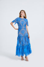 Embroidered Crew-Neck Short-Sleeve A-Line Maxi Dress