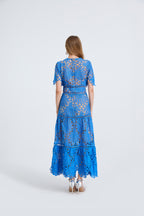 Embroidered Crew-Neck Short-Sleeve A-Line Maxi Dress